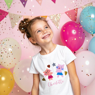 Cute Cats Pink Kids Birthday Name T-Shirt