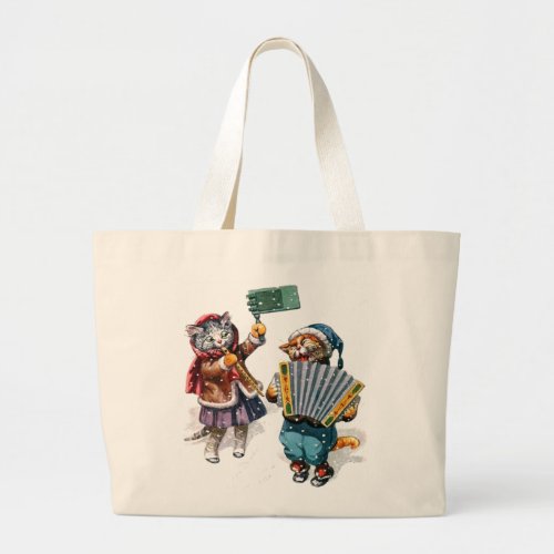 Cute Cats Play the Accordion in the Snow Large Tote Bag