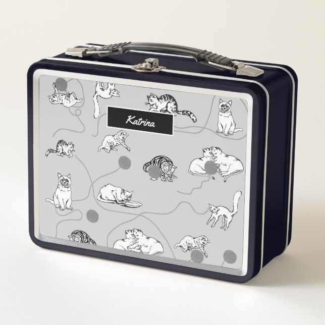 Cute Cats Playing & Being Naughty Pattern Metal Lunch Box (Front)