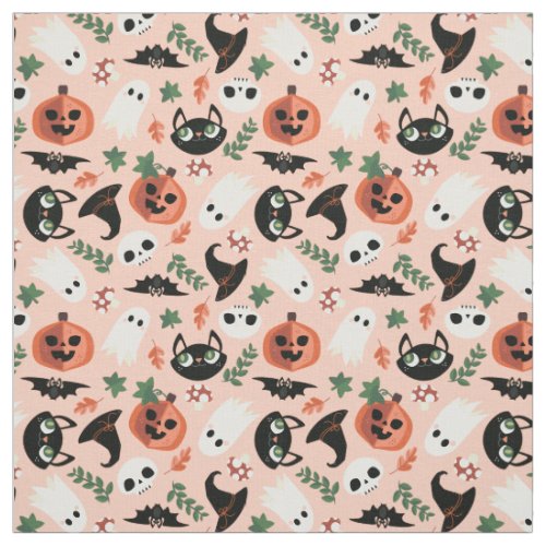 Cute Cats  Pumpkins Blush Black Halloween Pattern Fabric