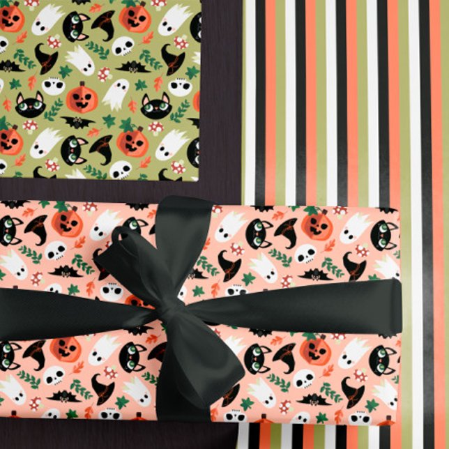 Cute Cats & Pumpkins Mixed Halloween Patterns Wrapping Paper Sheets (Creator Uploaded)