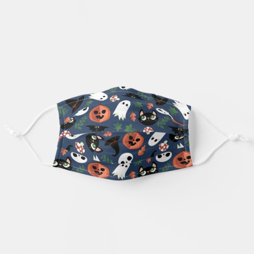 Cute Cats  Pumpkins Navy Black Halloween Pattern Adult Cloth Face Mask