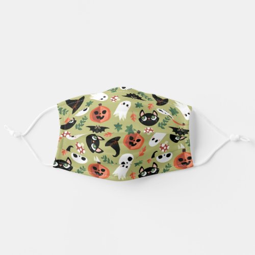 Cute Cats & Pumpkins Olive Black Halloween Pattern Adult Cloth Face Mask