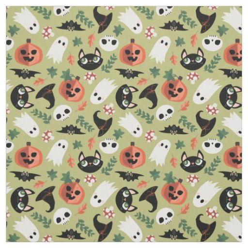 Cute Cats & Pumpkins Olive Black Halloween Pattern Fabric
