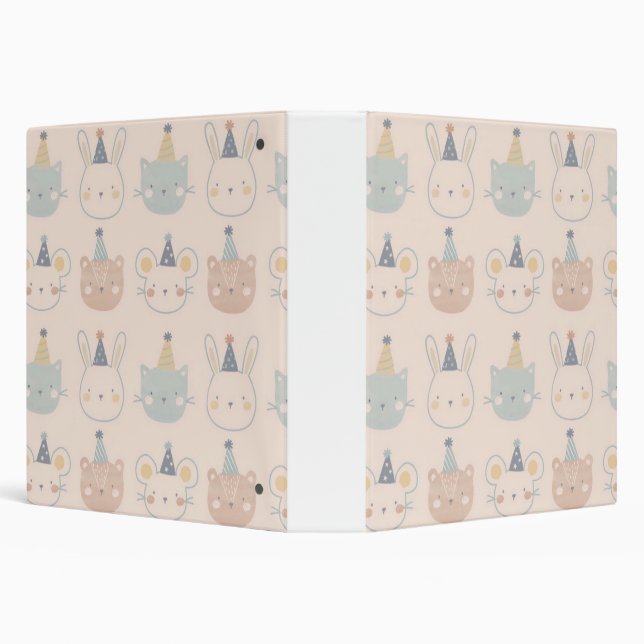 Cute Cats Rabbits and Bears Faces Pastel Pattern 3 Ring Binder (Background)