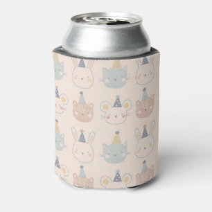 Cute Cats Rabbits and Bears Faces Pastel Pattern Can Cooler