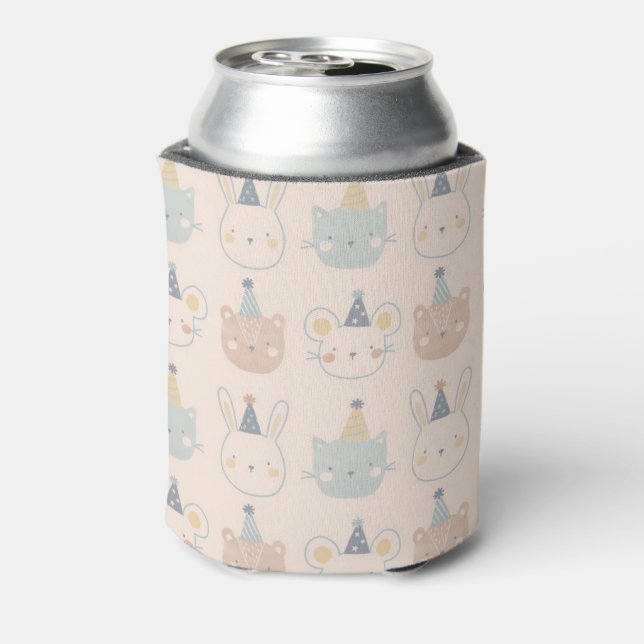 Cute Cats Rabbits and Bears Faces Pastel Pattern Can Cooler (Can Back)