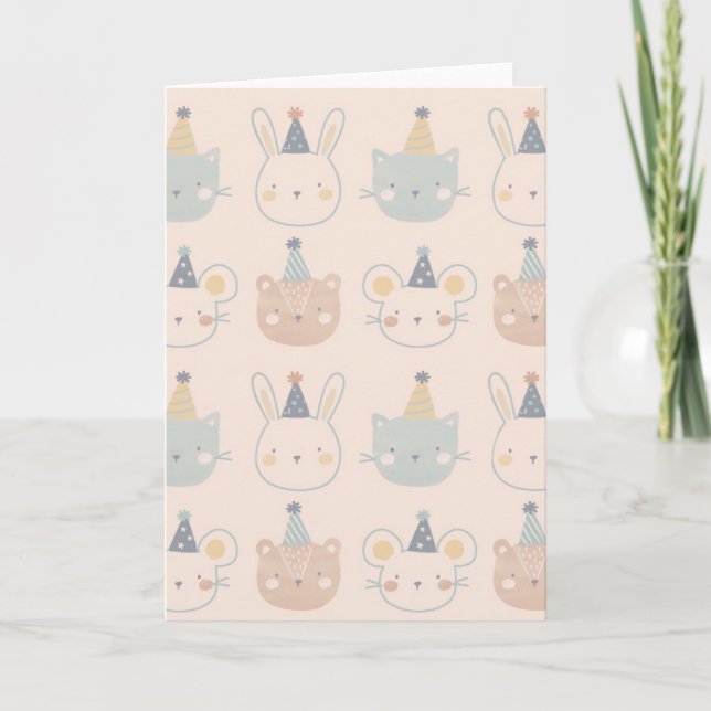 Cute Cats Rabbits and Bears Faces Pastel Pattern Card (Front)