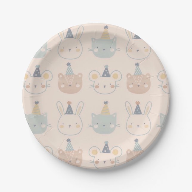 Cute Cats Rabbits and Bears Faces Pastel Pattern Paper Plates (Front)