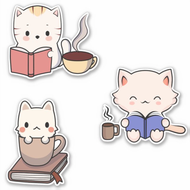 Cute Cats Reading Books and Drinking Coffee Sticker (Front)