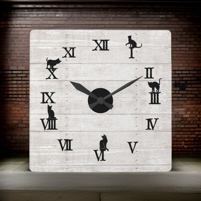 Cute Cats Roman Numerals Rustic Wood Square Wall Clock (Creator Uploaded)