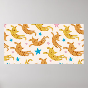 Cute cats seamless pattern with stars funny drawin poster