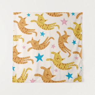 Cute cats seamless pattern with stars funny drawin tapestry