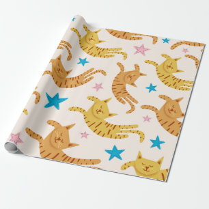 Cute cats seamless pattern with stars funny drawin wrapping paper