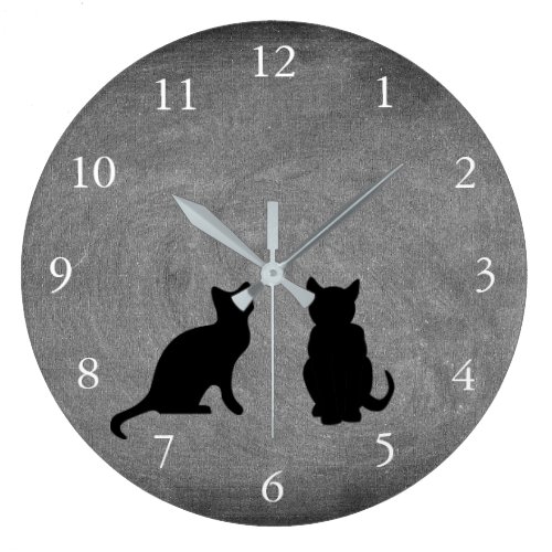 Cute cats silhouettes on chalkboard large clock