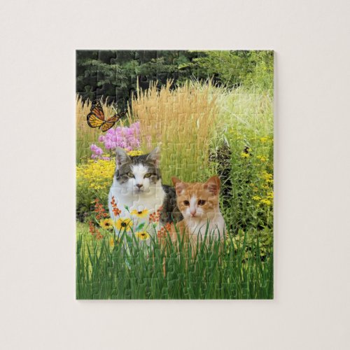Cute Cats Sitting in Grass  Garden  Jigsaw Puzzle