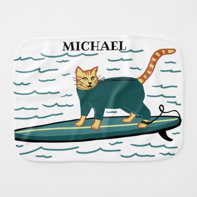Cute Cats Surfing Surfboard CUSTOM Baby Burp Cloth (Front Horizontal)