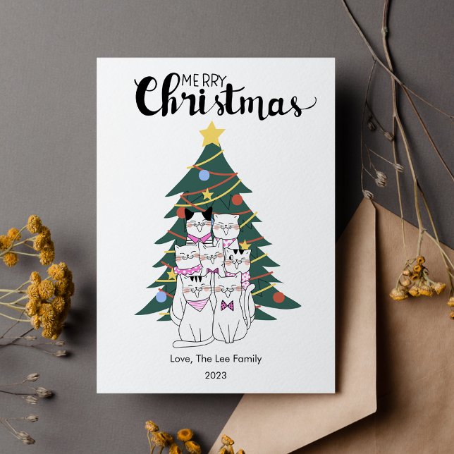 Cute Cats Tree Pet Lover Christmas Flat Holiday Card (Creator Uploaded)