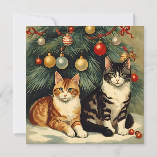 Cute Cats under the Christmas Tree Cat Lover  Holiday Card (Front)