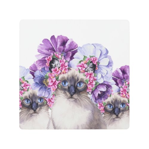 Cute Cats w Flower Crown Watercolor Illustration Metal Print
