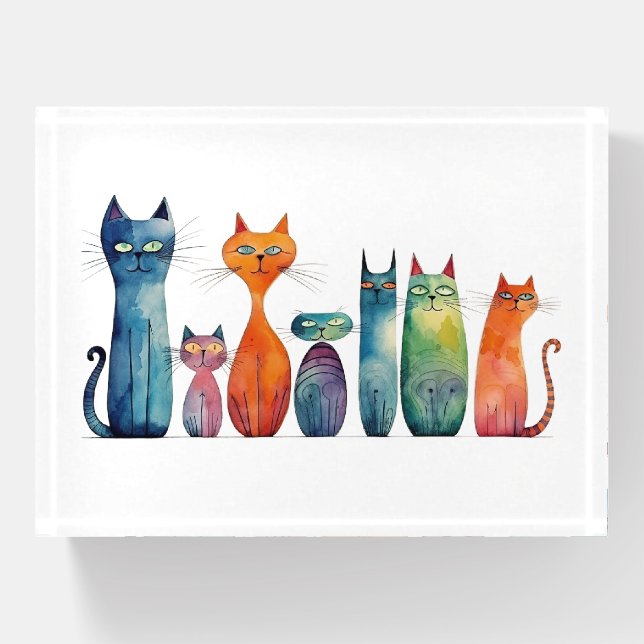 Cute Cats Watercolor Blue Orange Green Whimsical Paperweight (Front)