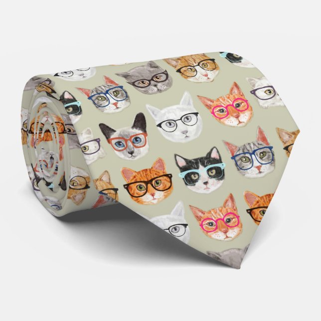 Cute Cats Wearing Glasses Pattern Neck Tie (Rolled)