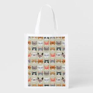 Cute Cats Wearing Glasses Pattern Reusable Grocery Bag