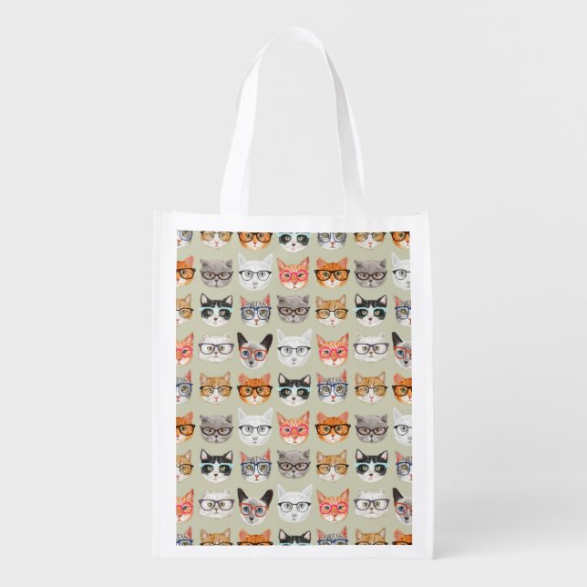 Cute Cats Wearing Glasses Pattern Reusable Grocery Bag (Front)