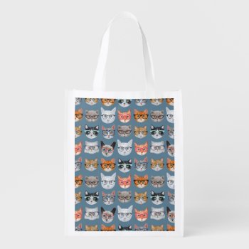 Cute Cats Wearing Glasses Pattern Reusable Grocery Bag by funkypatterns at Zazzle