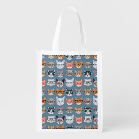 Cute Cats Wearing Glasses Pattern Reusable Grocery Bag