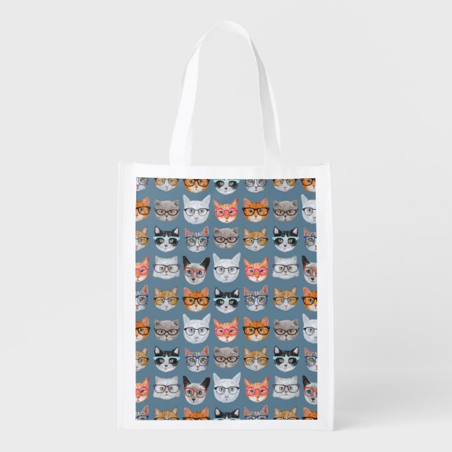 Cute Cats Wearing Glasses Pattern Reusable Grocery Bag (Front)