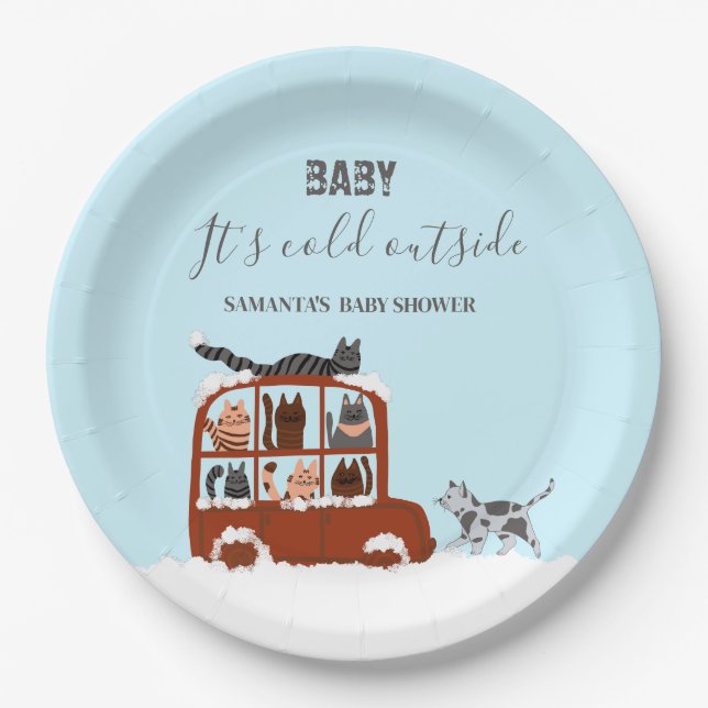 Cute Cats Winter Cold Baby Shower  Paper Plates (Front)