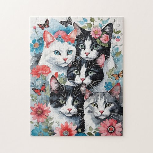 Cute Cats with Pink Flowers and Butterflies  Jigsaw Puzzle