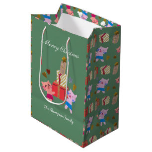 cute cats with present moss green Christmas  Medium Gift Bag