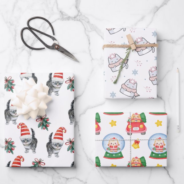 cute cats with santa hat meowy christmas  wrapping paper sheets (Front)