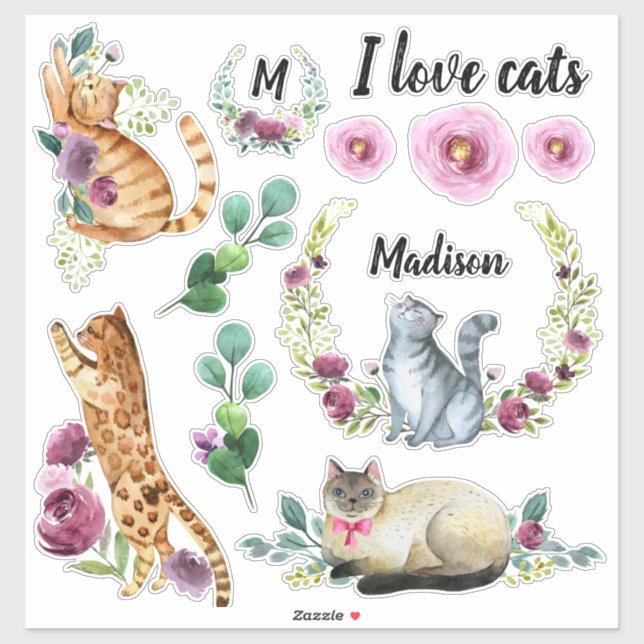 Cute Cats Wreath Monogram Name Sticker (Sheet)