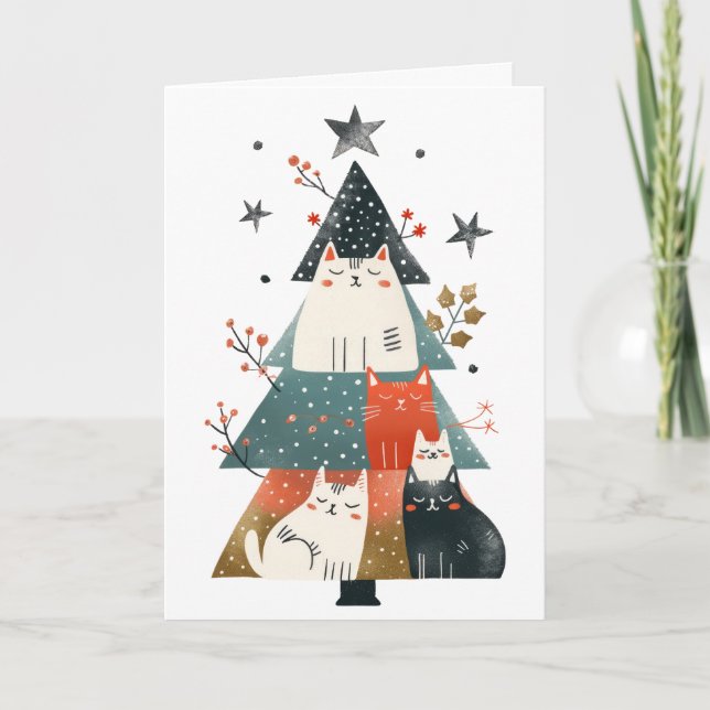 Cute Cats Xmas Tree Whimsical Meowy Christmas  Card (Front)
