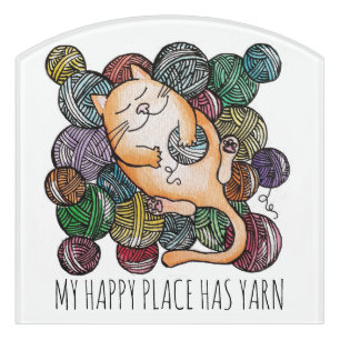 Cute Cat's Yarn Heaven Knitting Craft Room Door Sign