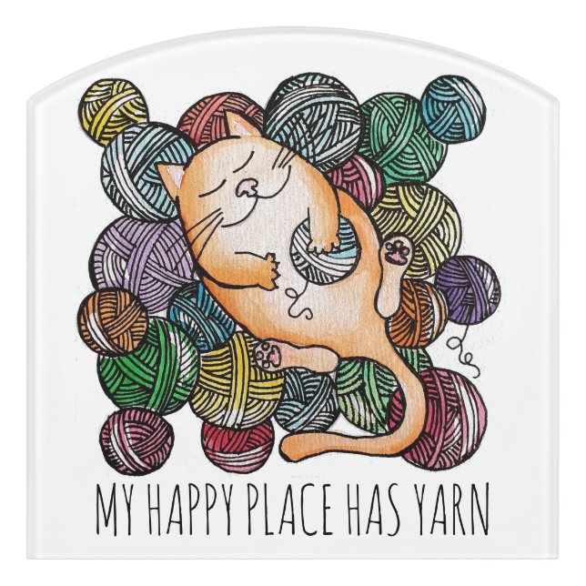 Cute Cat's Yarn Heaven Knitting Craft Room Door Sign (Contour Front)