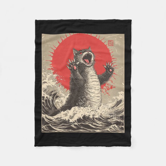 Cute Catzilla Cat Japanese Art Funny Cat  Fleece Blanket (Front)