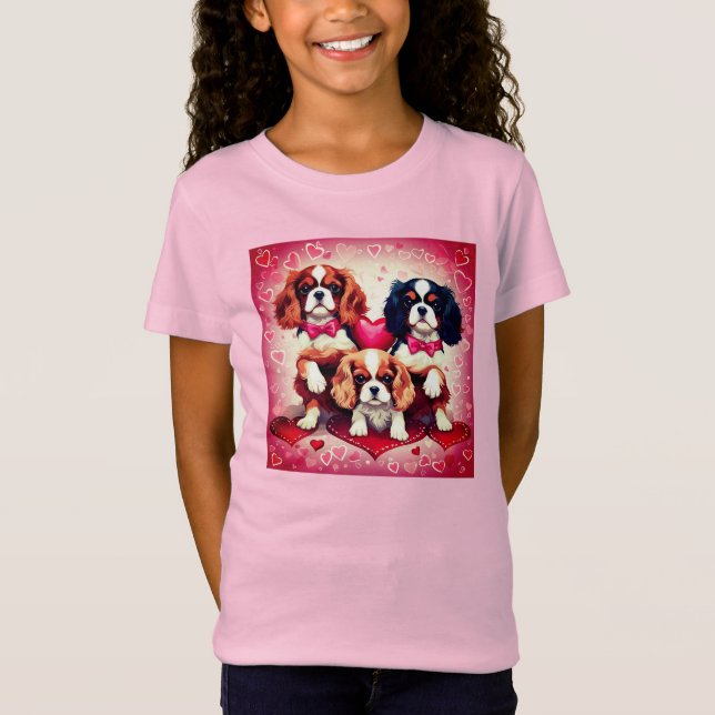 Cute Cavalier Heart Puppies Girls T-Shirt (Front)
