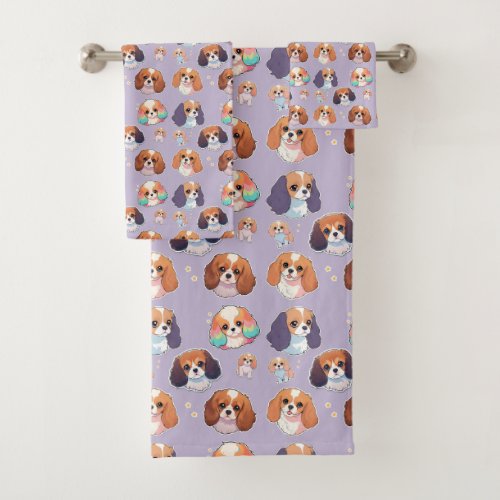 Cute Cavalier King Charles Pastel Pattern Bath Towel Set