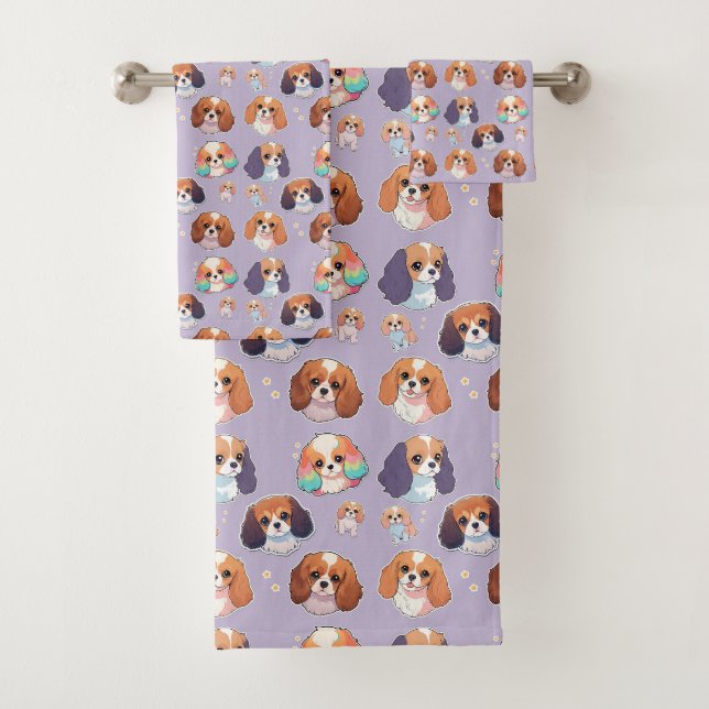 Cute Cavalier King Charles Pastel Pattern Bath Towel Set (Insitu)
