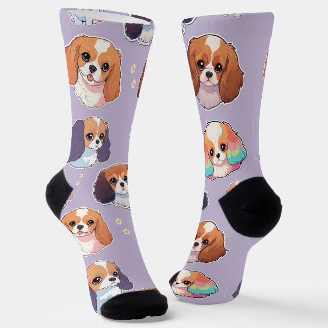 Cute Cavalier King Charles Pastel Pattern Socks (Angled)