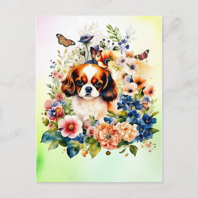 Cute Cavalier King Charles Puppy in Flowers Postcard (Front)