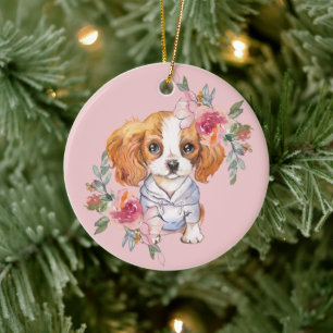 Cute Cavalier King Charles Spaniel and Flowers Ceramic Ornament