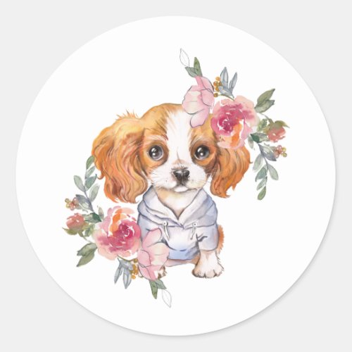 Cute Cavalier King Charles Spaniel and Flowers Classic Round Sticker