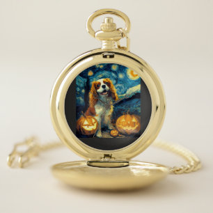 Cute Cavalier King Charles Spaniel Dog Halloween J Pocket Watch