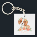 Cute Cavalier King Charles Spaniel Orange Flowers Keychain<br><div class="desc">An adorable keychain featuring illustrations of a watercolour Cavalier King Charles Spaniel and peach flowers. Personalize by adding your own texts. This dog theme keychain is the perfect gift for dog lovers and Cavalier King Charles Spaniel owners.</div>