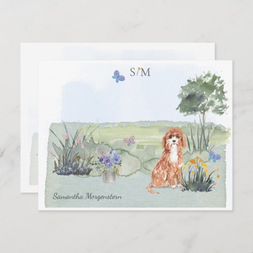 Cute Cavapoo Dog Butterfly Monogram Name   Note Card